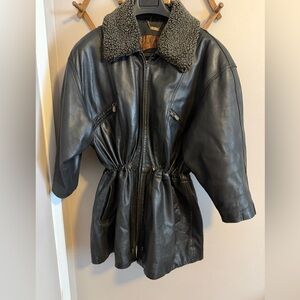 Danier Vintage Leather Shearling Collar Drop Shoulder Car Coat Brown Lrg